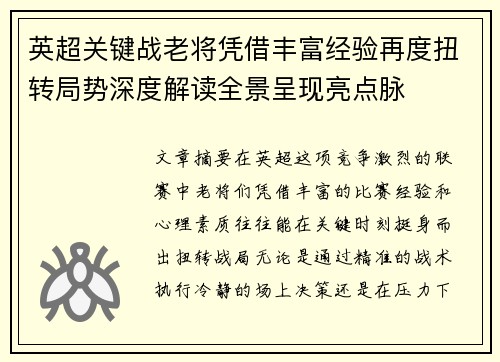 英超关键战老将凭借丰富经验再度扭转局势深度解读全景呈现亮点脉
